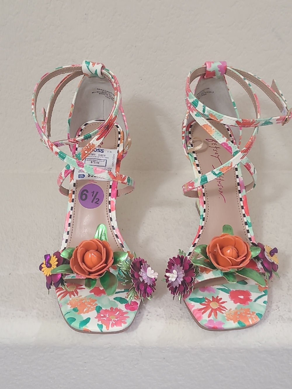 Betsey Johnson Floral Orange Rose Multicolor Ankle Strap Heels NWT